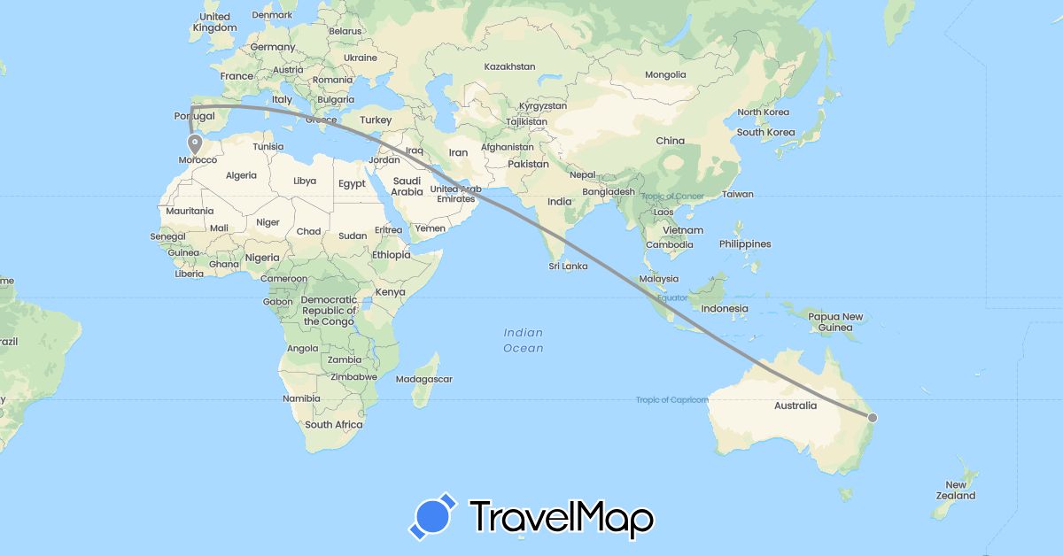 TravelMap itinerary: plane in United Arab Emirates, Australia, Spain, Morocco, Portugal (Africa, Asia, Europe, Oceania)